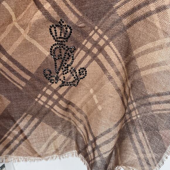 Vintage Lauren Ralph Lauren Brown Plaid Wool Scarf Rhinestone Crest - Picture 2 of 8